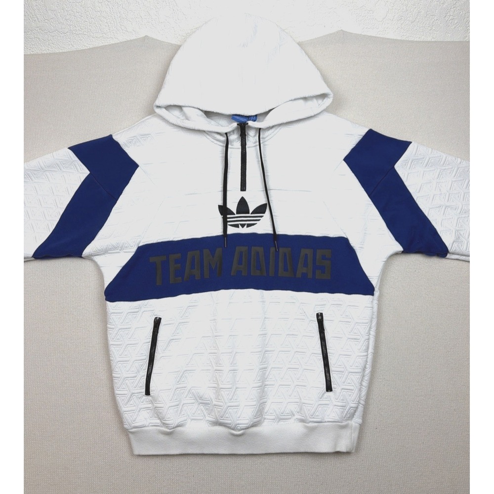 Adidas Quarter Zip Sweater Men's S White Blue Zip Hoodie Pockets‎ Puffy Pattern